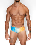 Bañador Glitter de BORNEO con degradado de azul celeste a naranja, vista frontal
