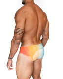 Bañador Glitter de BORNEO con degradado de azul celeste a naranja, vista posterior